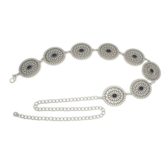 Women Western Oval Silver Belt, Concho Chain Adjustable Gold/Black Metal Waist - Picture 1 of 1